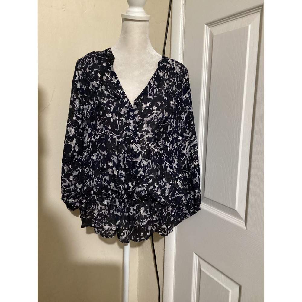 Joie Womens Navy Blue White Abstract Floral 100% Silk V-Neck Blouse Small